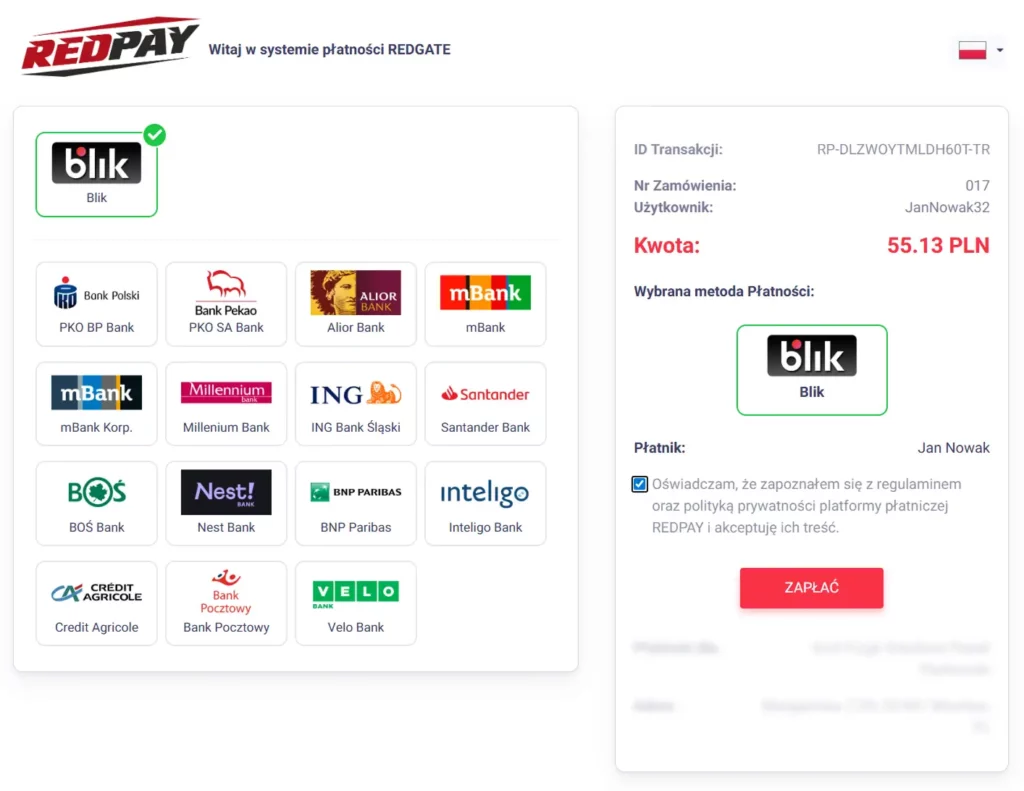 Strona payment z opcjami wyporu rodzaju płatności z wybraną opcją BLIK. Po prawej opis detali transakcji. Kwota 55.13 PLN i Checkbox z oświadczeniem zapoznania się z regulaminem.